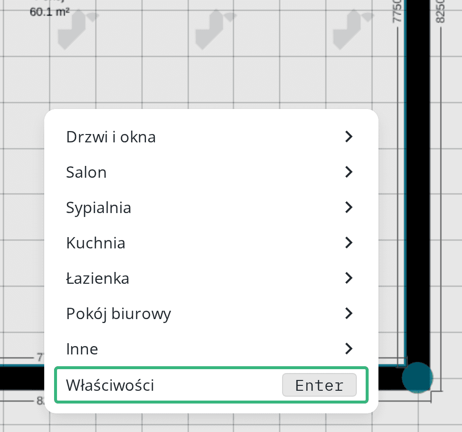 Menu pomieszczenia z opcją Właściwości