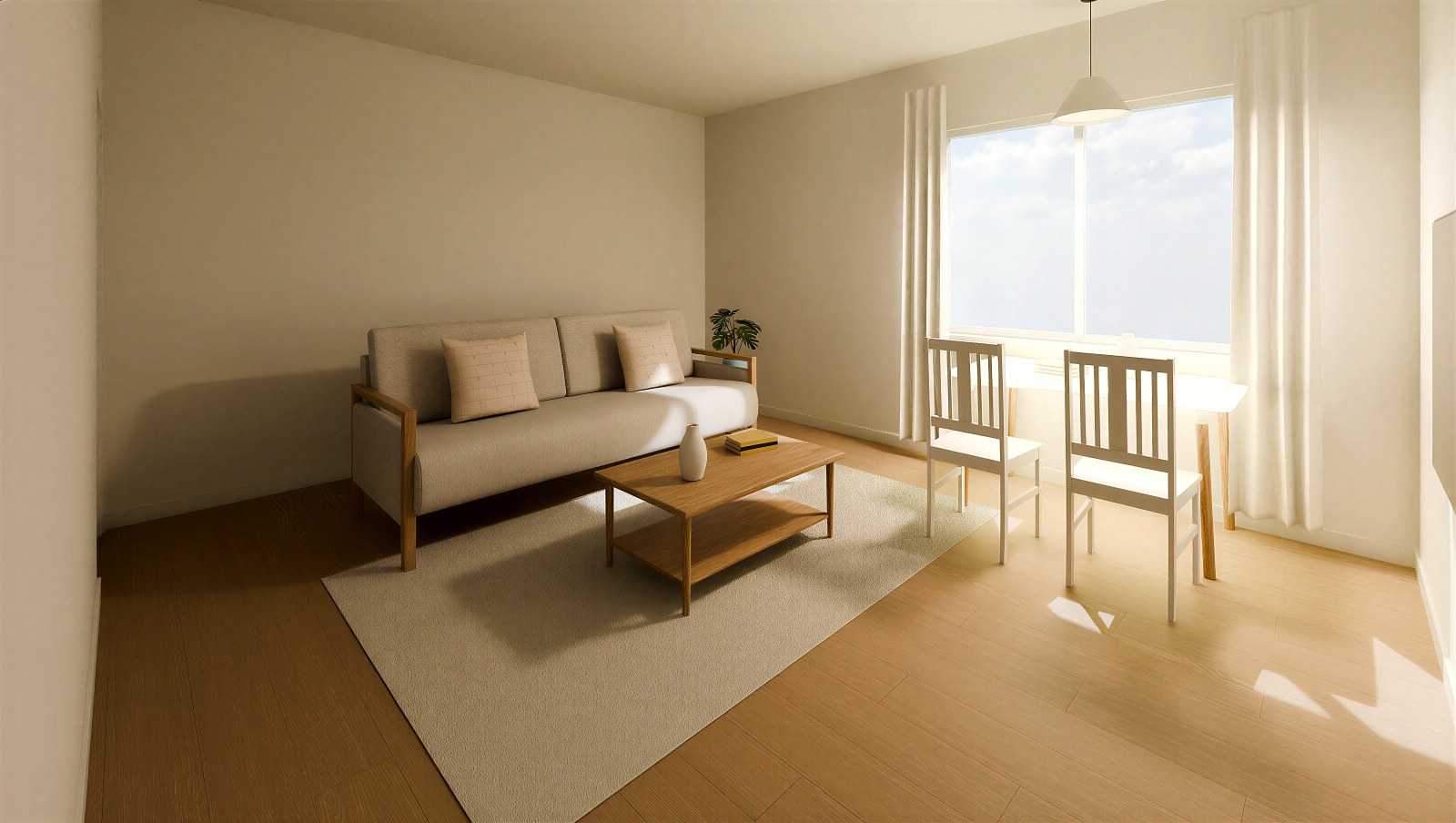 Wizualizacja salonu 18 m² z kanapą na środku pokoju i stołem przy oknie