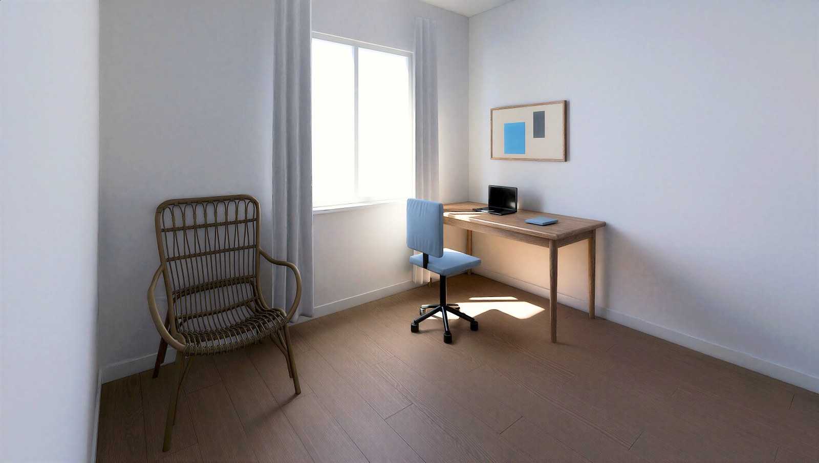 Wizualizacja domowego gabinetu ok. 8 m² z biurkiem przy oknie i fotelem do czytania