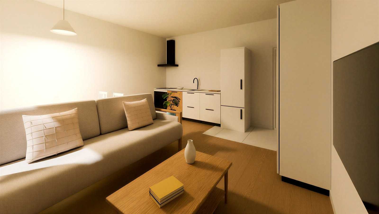Wizualizacja salonu z aneksem kuchennym w mieszkaniu 2-pokojowym 40 m²