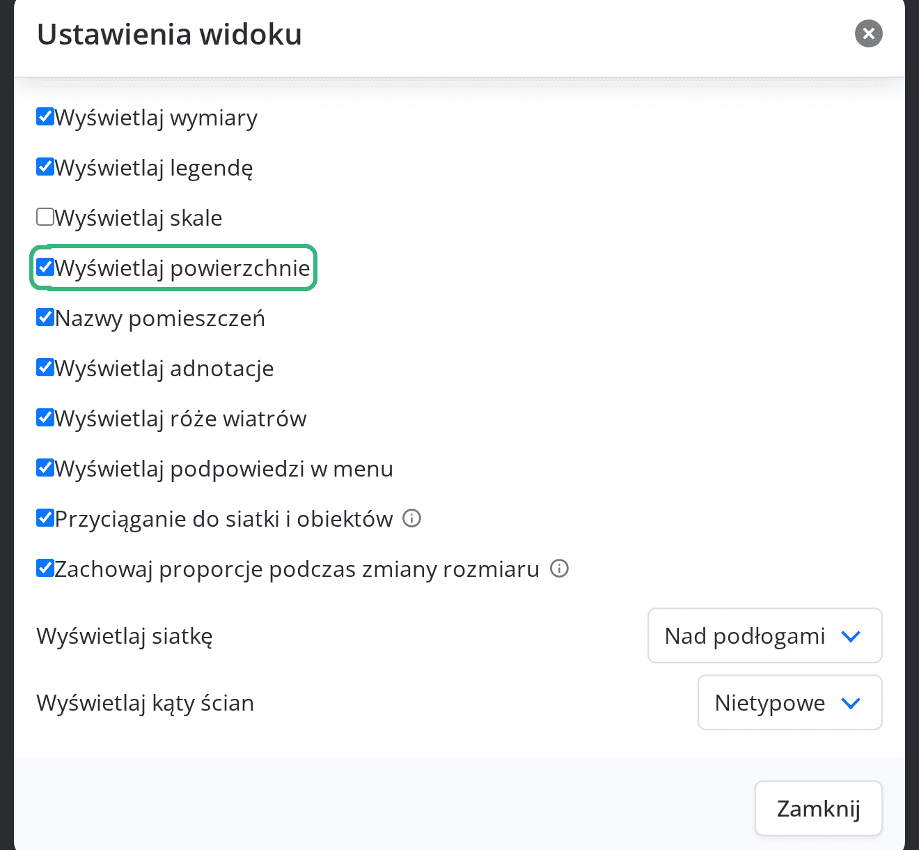 Pole Wyświetlaj powierzchnie