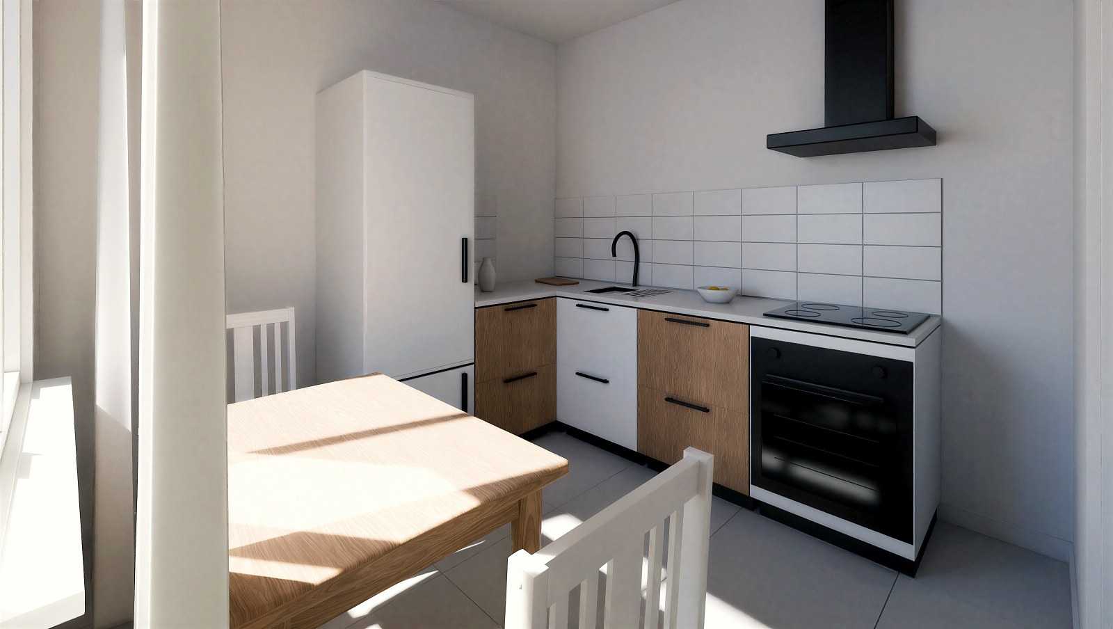 Wizualizacja kuchni w kształcie litery L 280×280 cm z lodówką na końcu ramienia i stołem pod oknem