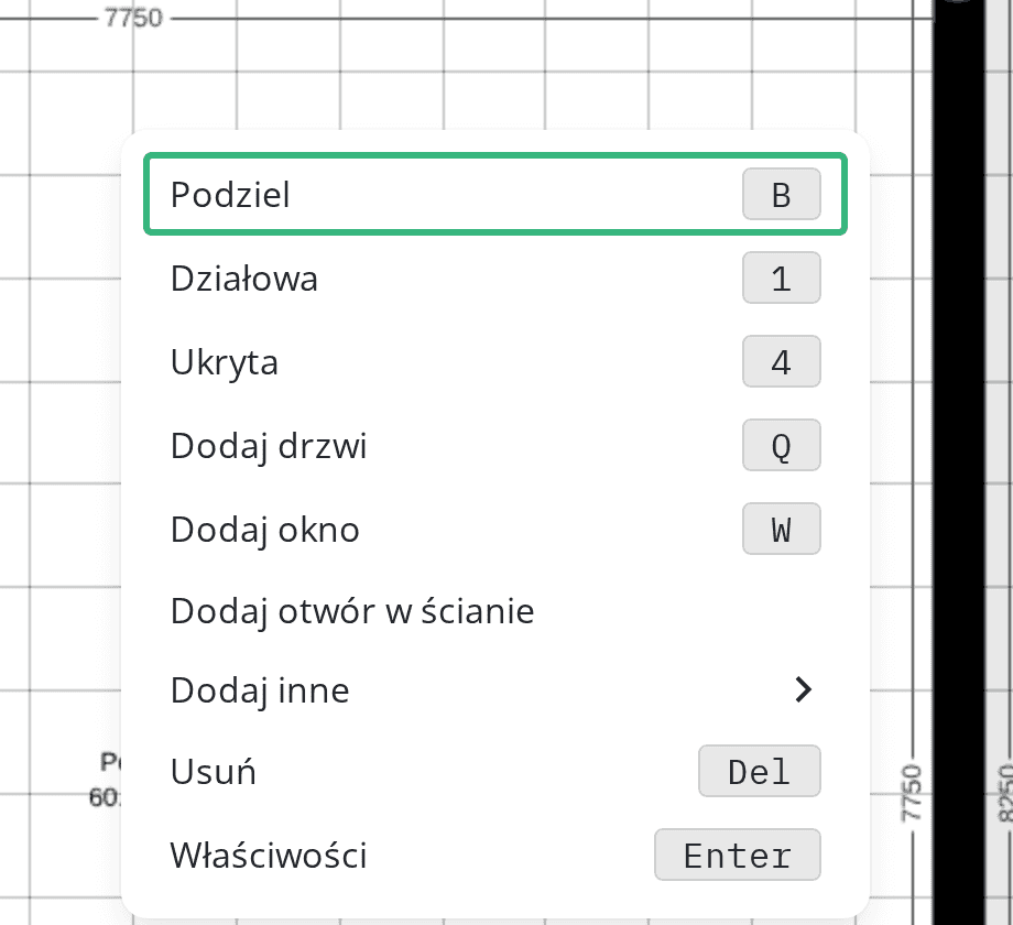 Menu ściany z opcją Podziel