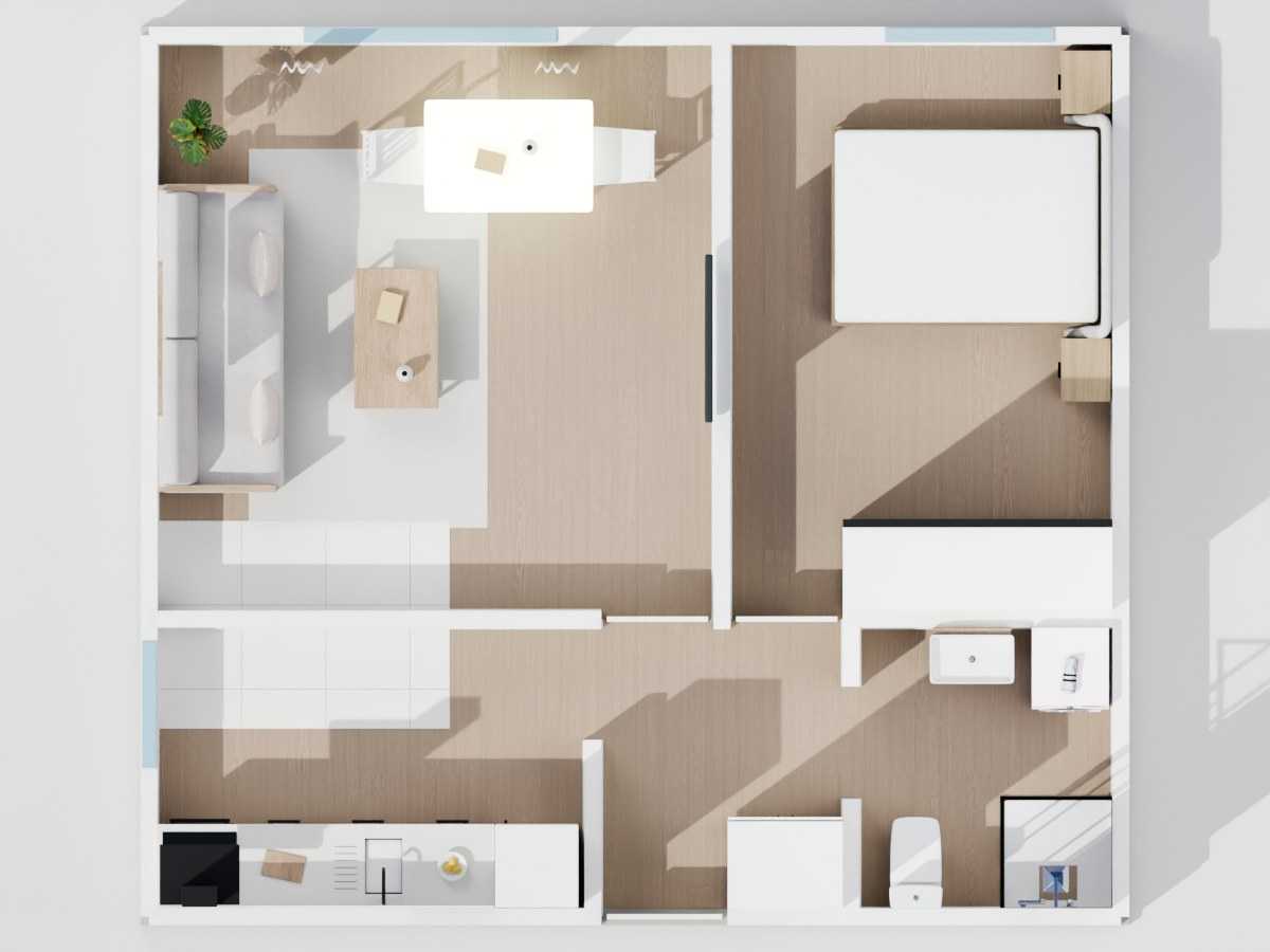 Widok 3D z góry mieszkania 2-pokojowego z osobną kuchnią
