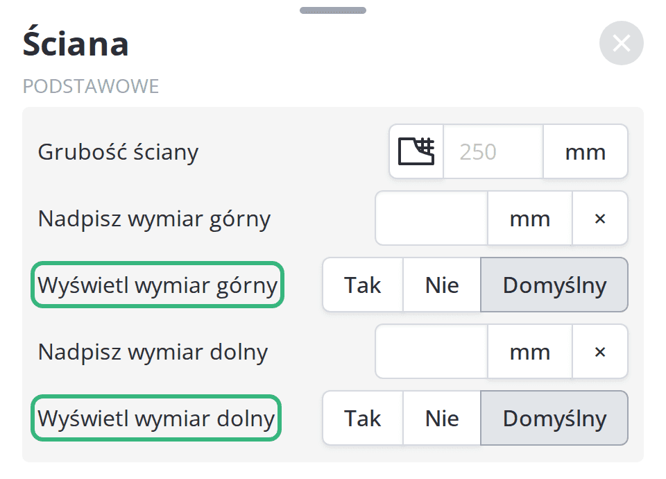 Opcje Wyświetl wymiar w panelu Ściana