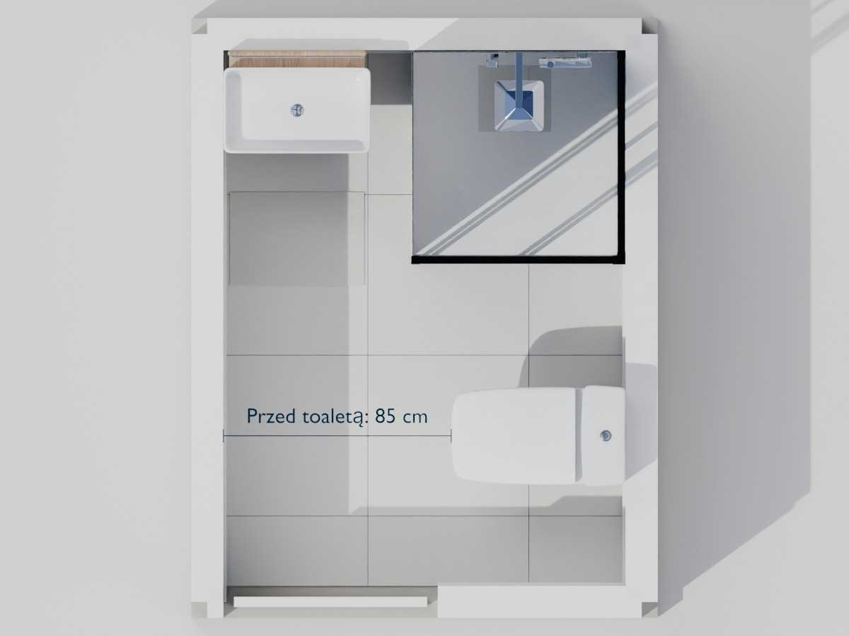 Widok z góry łazienki 3 m² z zaznaczonym miejscem 85 cm przed toaletą