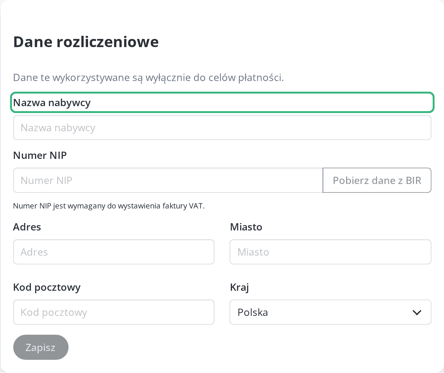 Sekcja Dane rozliczeniowe