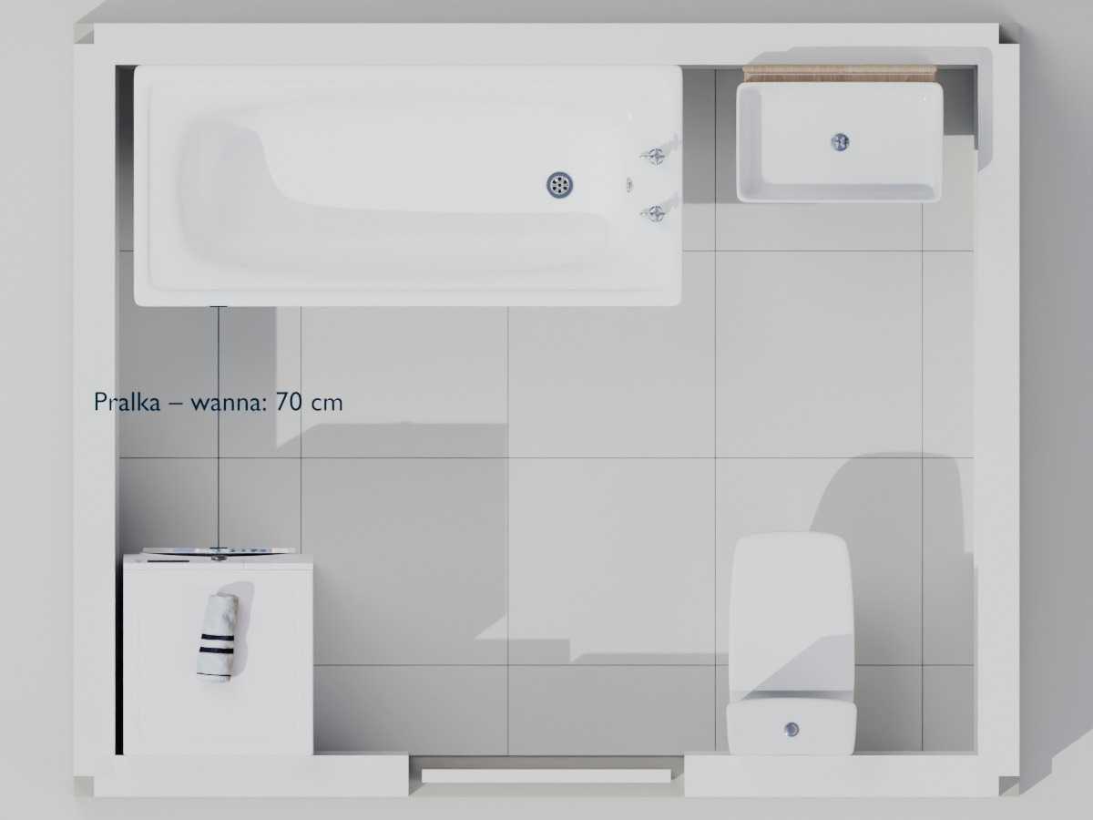 Widok z góry łazienki 5 m² z zaznaczoną odległością 70 cm między pralką a wanną